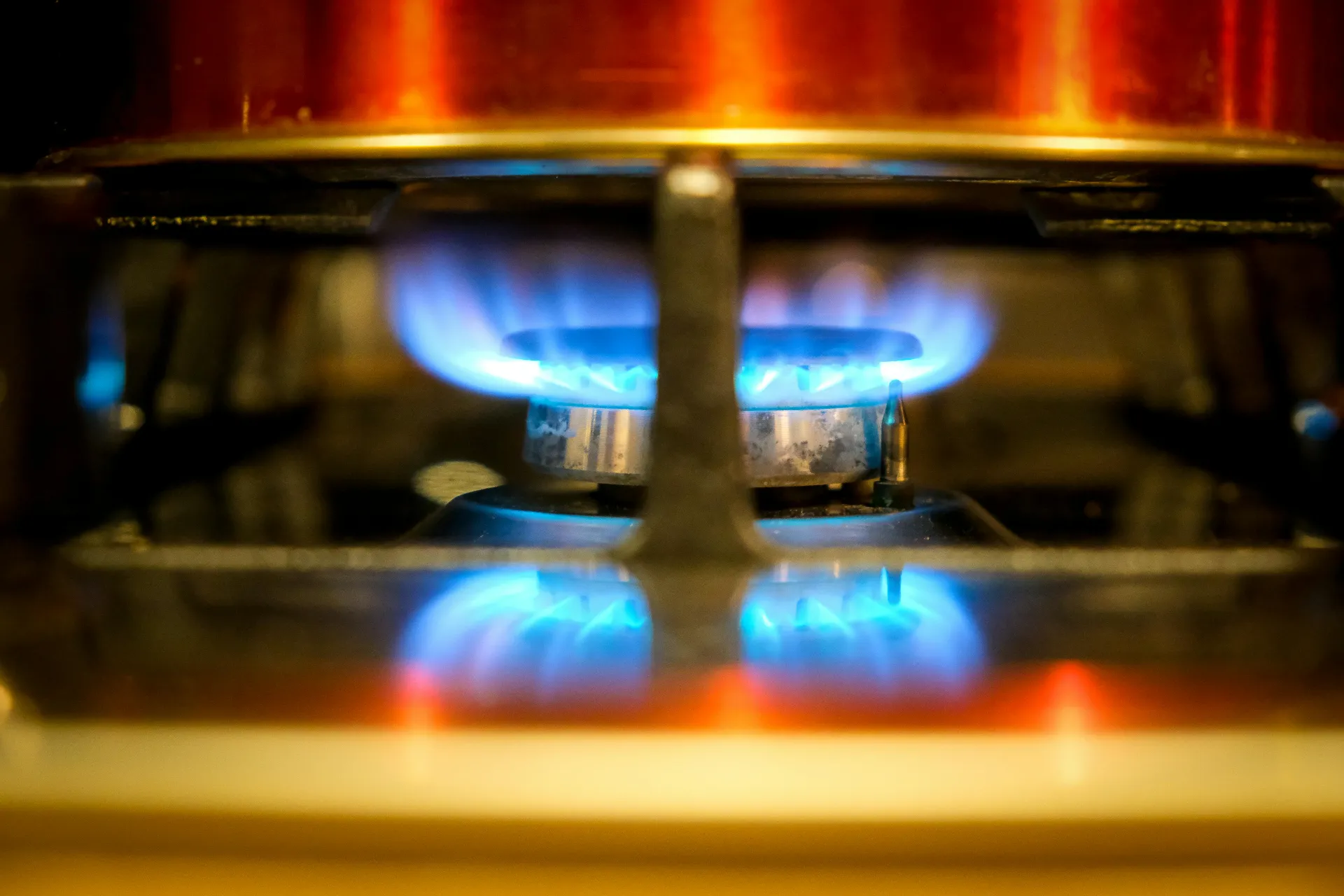Natural gas flames under a pot on a stove.