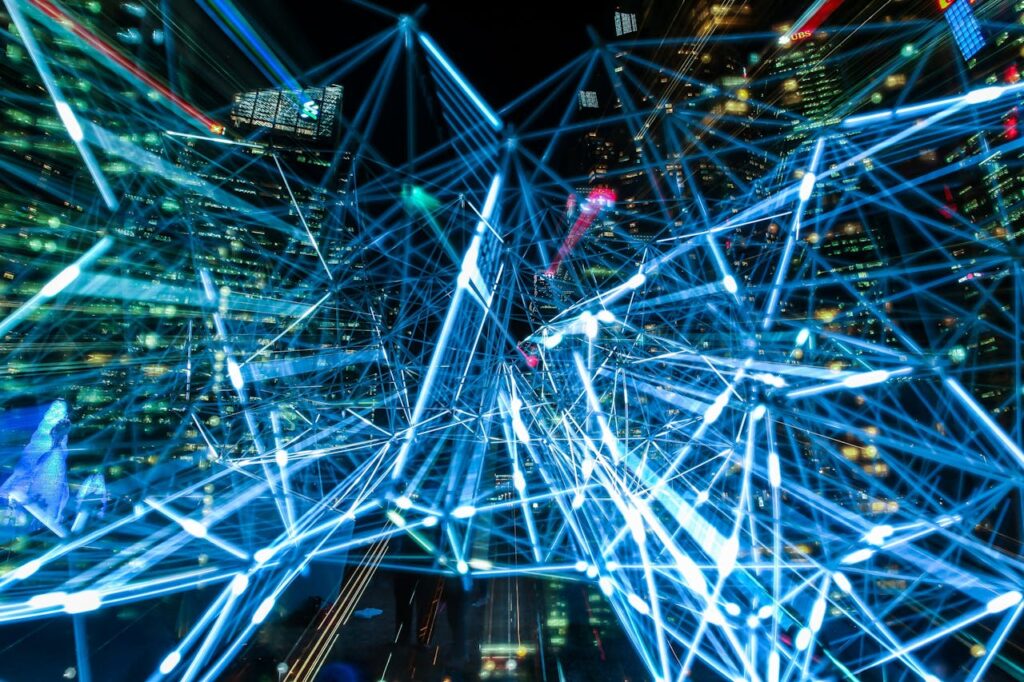 Abstract background featuring vibrant blue streaks of light representing business intelligence